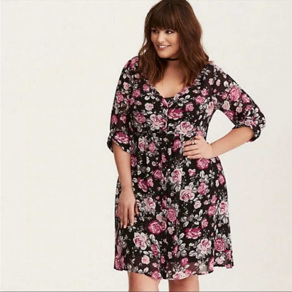 Torrid Black Dark Floral Chiffon Shirt Dress 2X